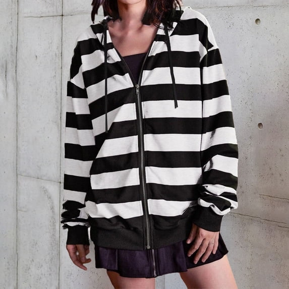 Women's Striped Zip Up Hooded Sweatshirt, Oversized Loose Fit with Drawstring Waist, Long Sleeve Casual Jacket for Autumn Winter Street Style and Layering-White