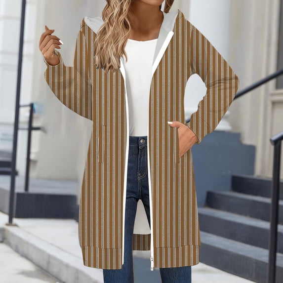 Women's Striped Zip Up Hoodie, Longline Fleece Jacket with Full-Length Zipper, Lightweight Mid-Length Hooded Sweatshirt, Soft Casual Wear for Fall and Winter Coffee L