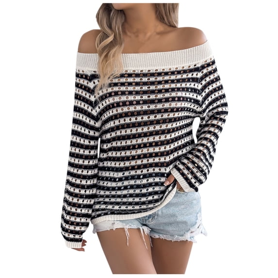 Women's Striped off Shoulder Knit Sweater Casual Loose Long Sleeve Beach Cover up Trendy Clothes