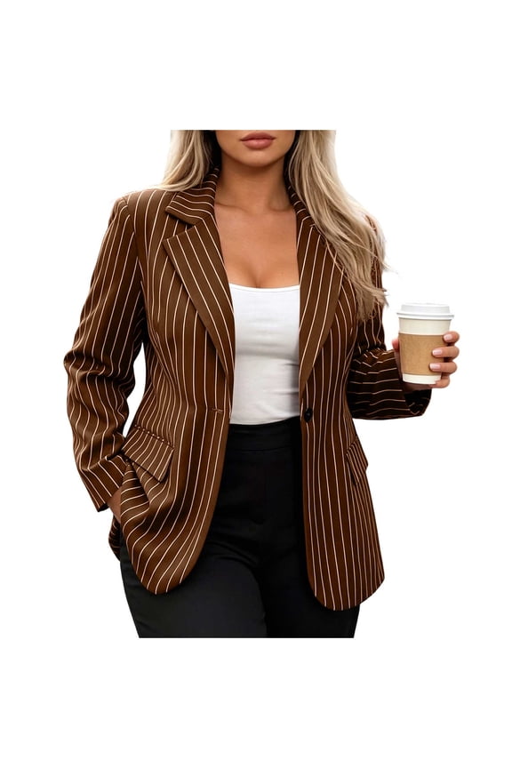 Women's Stripes Blazers Business Casual 2026 Fashion Jackets Lapel Long Sleeve Button Down Tunic Office Wear (S, Brown)