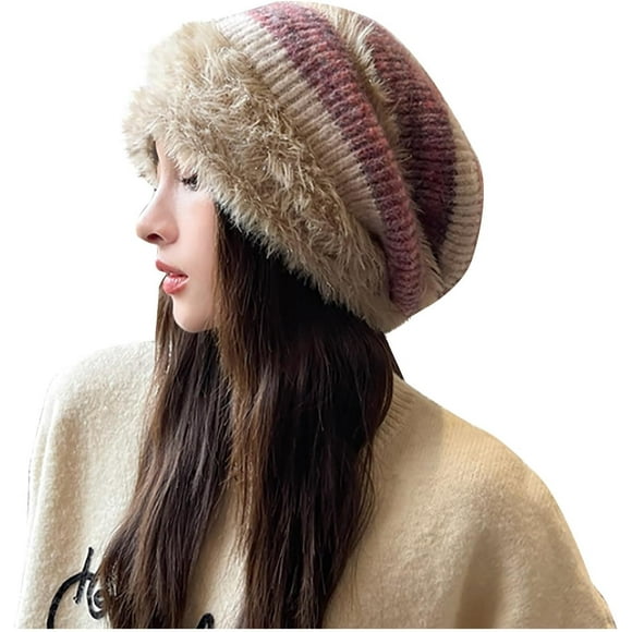 Women's Stripes Cable Knit Beanies Hat, Faux Fur Trim Ear Protection Cap Soft Comfy Fluffy Hats for Winter Outdoor