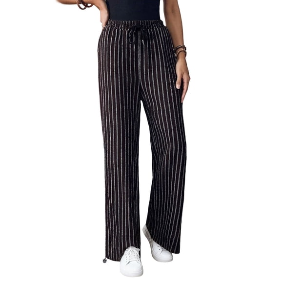Women's Stripes Rhinestone Jeans High Waist Wide Leg Denim Pants Sparkle Shiny Sequin Trouser