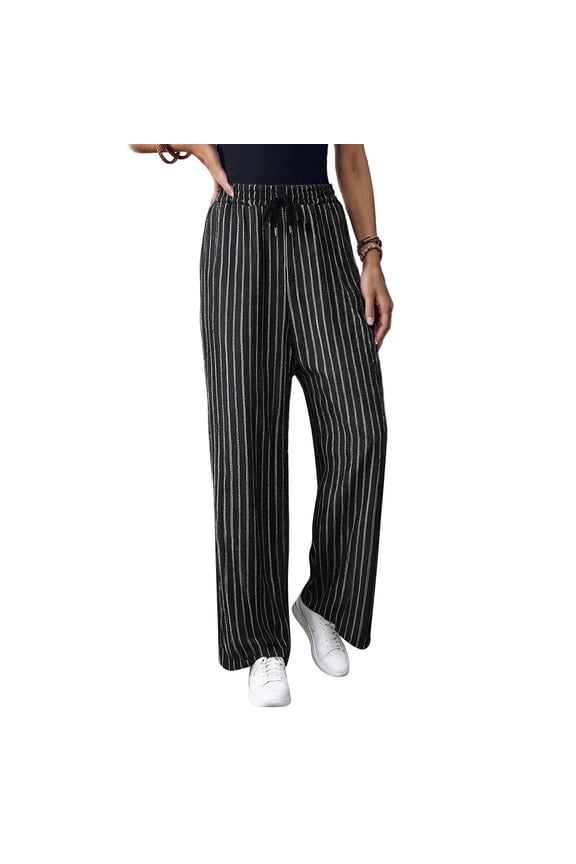 Women's Stripes Rhinestone Jeans High Waist Wide Leg Denim Pants Sparkle Shiny Sequin Trouser