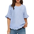 thumbnail image 1 of Women's Stripes Tees Crew Neck Short Sleeve Back Button Ruffled Tunic Blouse Casual Loose Pullover Tops (S, Blue), 1 of 7
