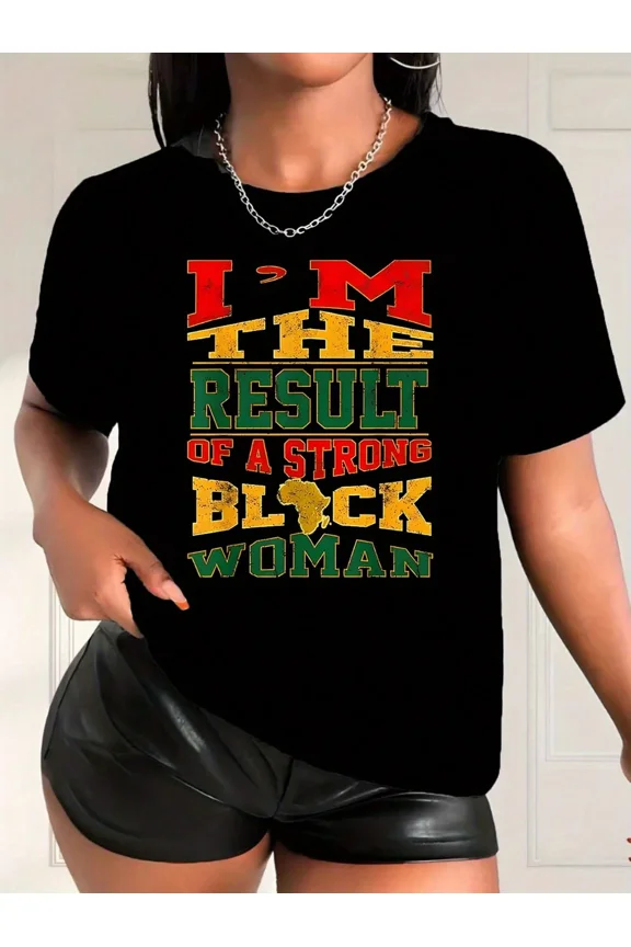Women's Strong Black Woman Graphic T-Shirt, Empowerment Short Sleeve Crew Neck Tee, Pan-African Colors Apparel