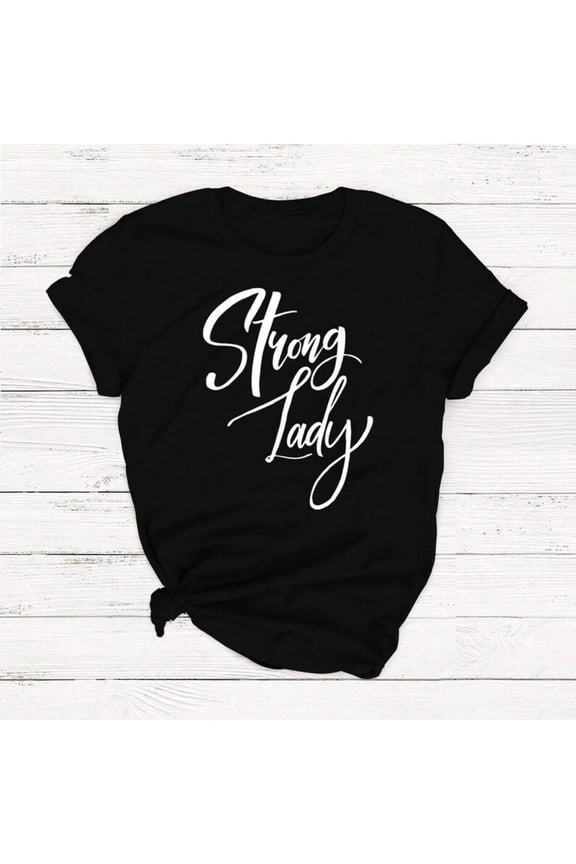 Women's Strong Lady Graphic T-Shirt, Short Sleeve Casual Black Cotton Tee