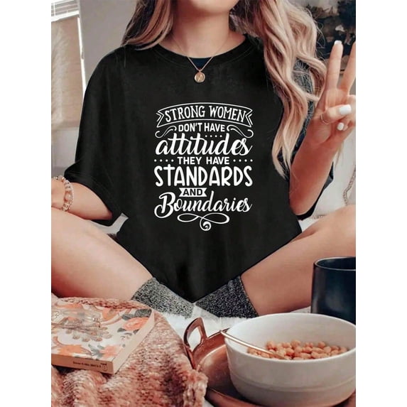 Women's Strong Women Standards and Boundaries Graphic T-Shirt, Short Sleeve Casual Black Tee
