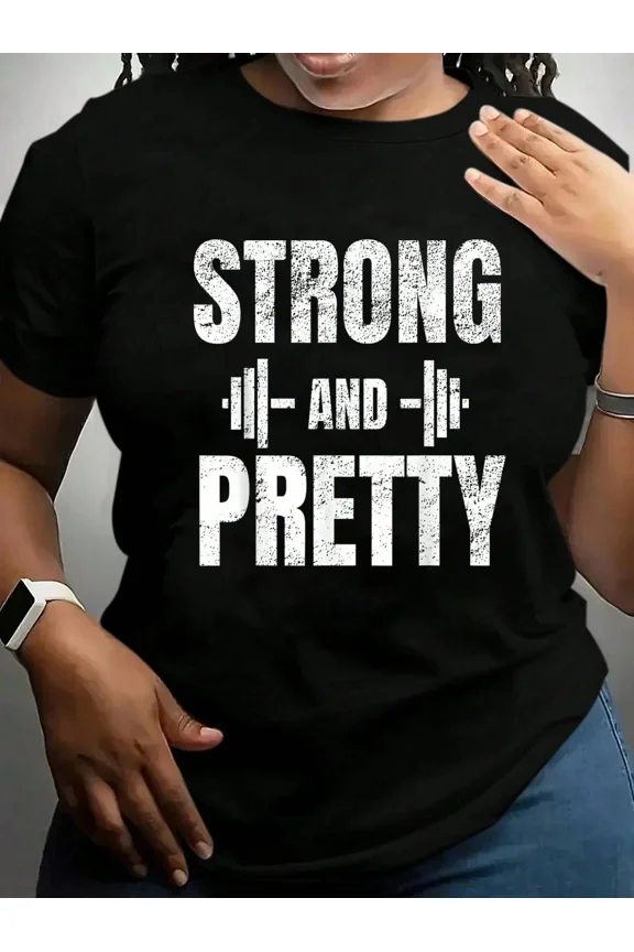 Women's Strong and Pretty Motivational Graphic T-Shirt, Fitness Gym Short Sleeve Tee, Black