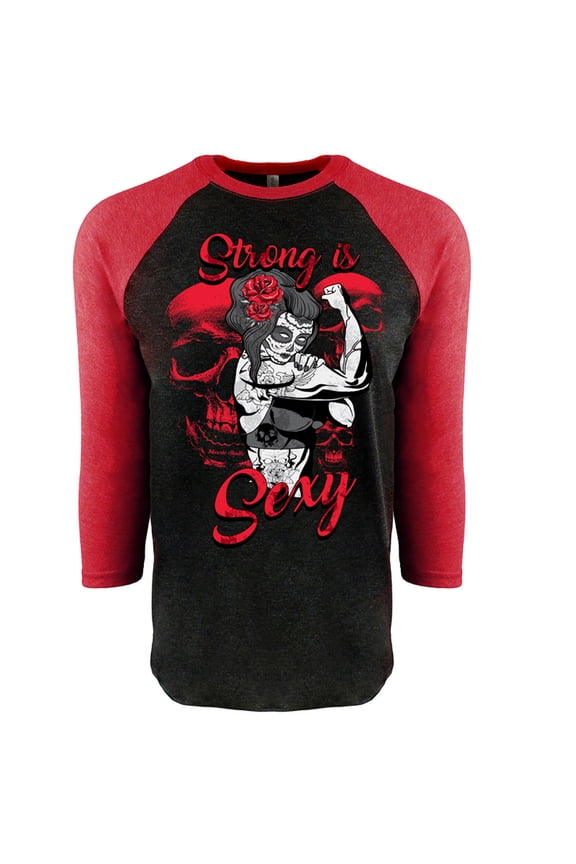 Women's Strong is Sexy Rose Skull Tattoo 3/4 Sleeve T-Shirt Muscle Skullz (Medium)