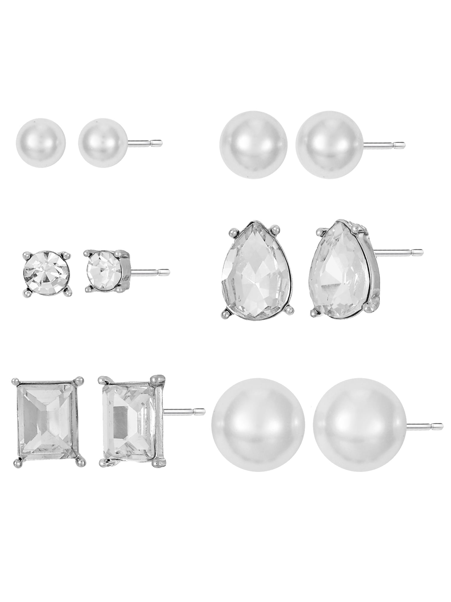 Women's Stud Earring Collection, with Crystal and Faux Pearl, 6 Pairs