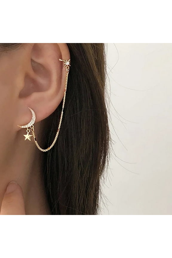 Women's Stud Earrings Moon With Chain And Northern Star Ear Cuff Ear Cuff With Chain Mother's Day Valentine's Day Gifts