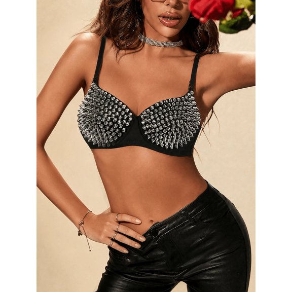 Women's Studded Cropped Bustier Top, Adjustable Strap Padded Push Up Tank Top for Halloween Party Club Night Out