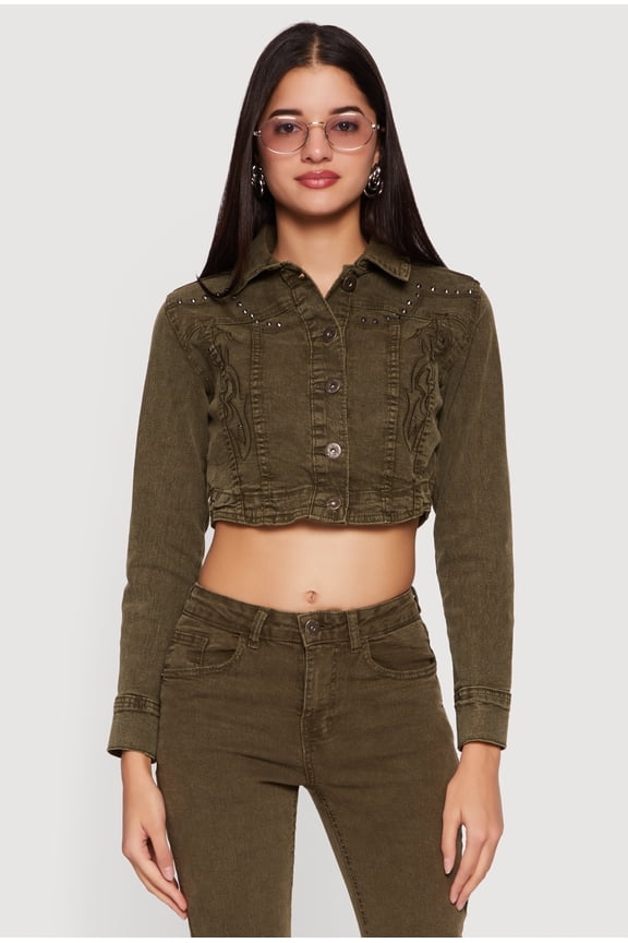 Women's Studded Embroidered Cropped Button Front Denim Jacket