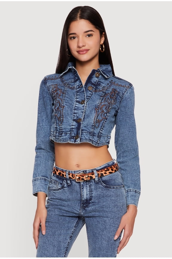 Women's Studded Embroidered Cropped Button Front Denim Jacket