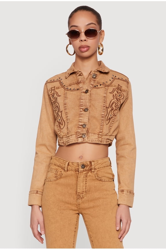 Women's Studded Embroidered Cropped Button Front Denim Jacket