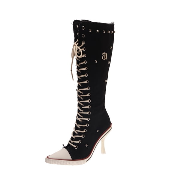 Women's Studded Lace-Up Knee High Boots, Pointed Sneaker-Style Toe Cap & Stiletto Heel