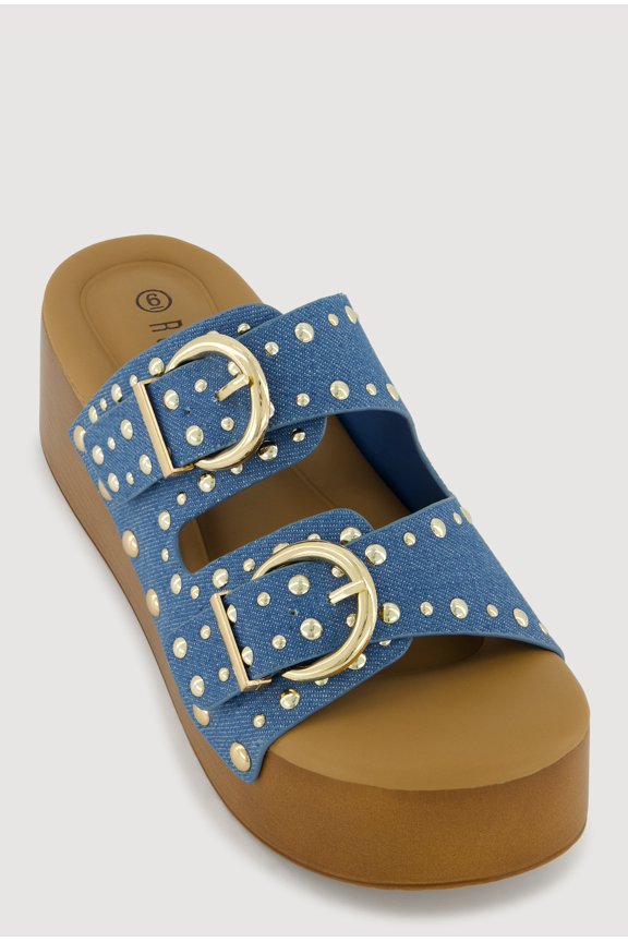 Women's Studded Metallic Double Banded Open Toe Wedge Sandals