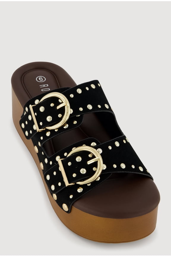 Women's Studded Metallic Double Banded Open Toe Wedge Sandals
