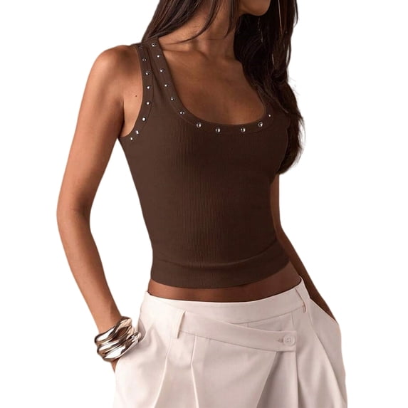 Women's Studded Ribbed Knit Tank Top Square Neck Sleeveless Fitted Y2K Going Out Crop Tops Dark Brown XL