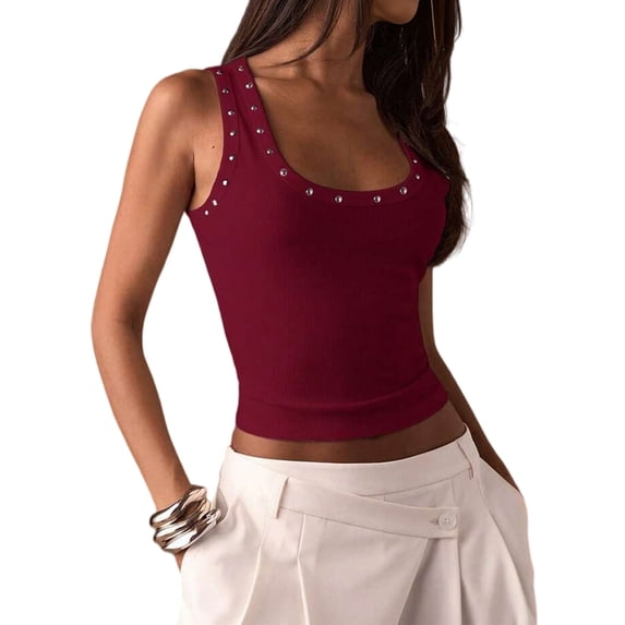 Women's Studded Ribbed Knit Tank Top Square Neck Sleeveless Fitted Y2K Going Out Crop Tops Wine Red M
