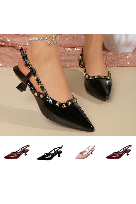 Women's Studded Slingback Heels, Trendy Pointed Toe Kitten Heel Pumps, Comfortable Patent Leather Dress Shoes for Spring Summer, Plus Size Available for Wide Feet, Fashionable Closed Toe Sandals