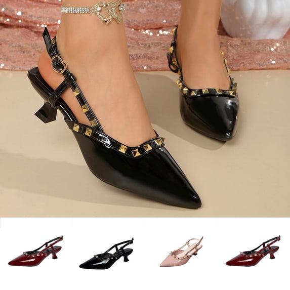 Women's Studded Slingback Heels, Trendy Pointed Toe Kitten Heel Pumps, Comfortable Patent Leather Dress Shoes for Spring Summer, Plus Size Available for Wide Feet, Fashionable Closed Toe Sandals
