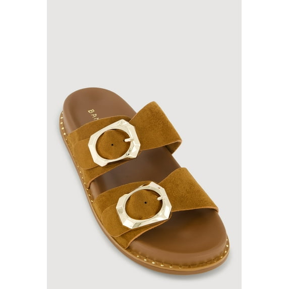 Women's Studded Trim Faux Suede Double Buckle Footbed Slide Sandals