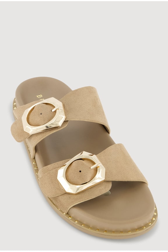Women's Studded Trim Faux Suede Double Buckle Footbed Slide Sandals