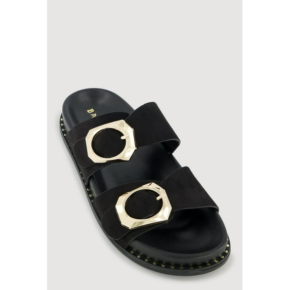 Women's Studded Trim Faux Suede Double Buckle Footbed Slide Sandals