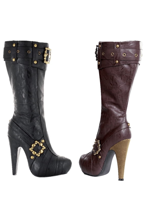 Women's Studded and Buckled Heel Boots in Brown, size: 9 | Leather by Medieval Collectibles