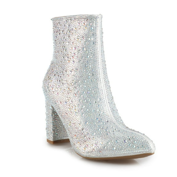 Women's Stunning Silver Rhinestone Pointed-Toe Heeled Ankle Boots