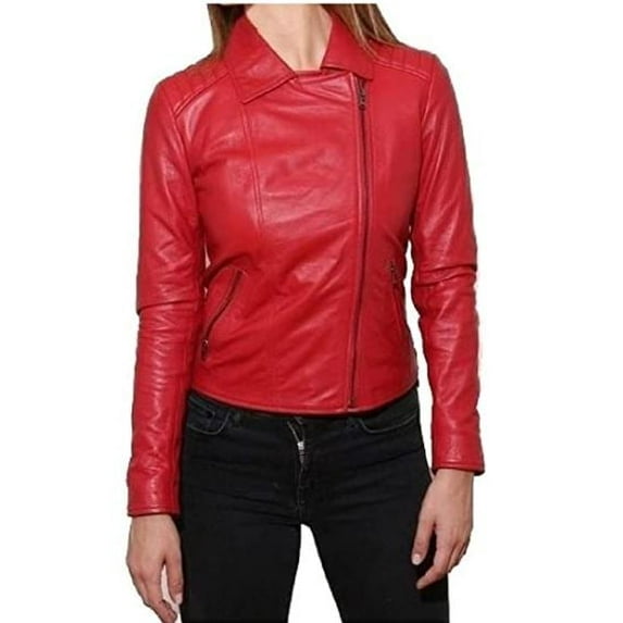 Women's Style Casual Wear Biker Red Lambskin Genuine Leather Jacket SouthBeachLeather Medium