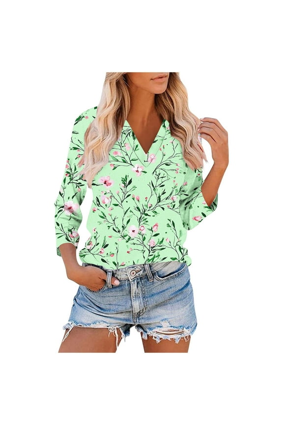 Women's Stylish 3/4 Sleeve V-Neck T-Shirt with Blue and White Pattern, Raglan Sleeve Fashion Top, Breathable and Lightweight for Everyday, Limited Time Off