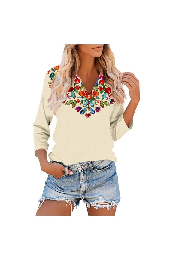 Women's Stylish 3/4 Sleeve V-Neck T-Shirt with Blue and White Pattern, Raglan Sleeve Fashion Top, Comfortable and Lightweight for Everyday, Limited Time Off