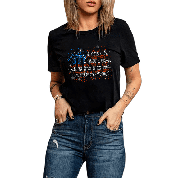 Women's Stylish Black Rhinestone USA Flag Graphic T-Shirt
