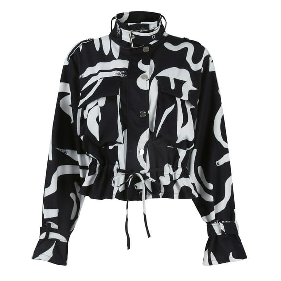 Women's Stylish Black and White Abstract Print Jacket Long Sleeve, Button-Up, Drawstring Waist, Casual Fit