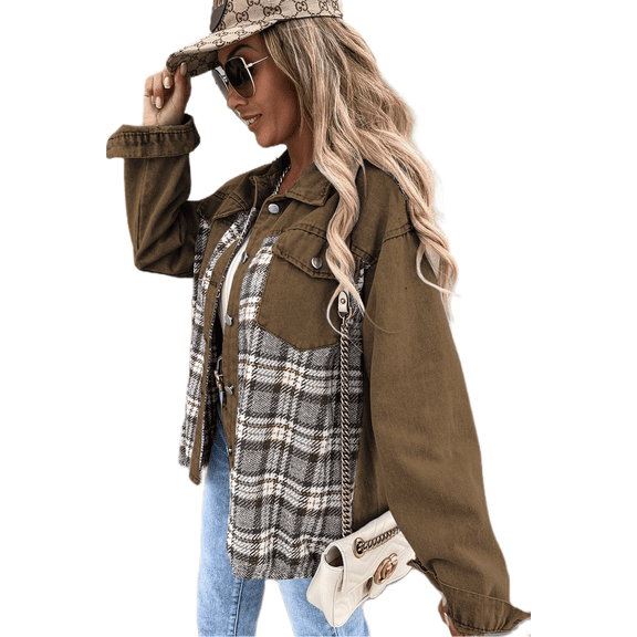 Women's Stylish Brown Plaid Patchwork Denim Jacket with Pockets - [ZhiHiMeRi] | (US 4-6)S,Brown