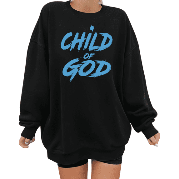 Women's Stylish Brushstroke Blue Graphic Child Of God Breathable Comfortable Casual Round-neck long-sleeved Black S-3XL
