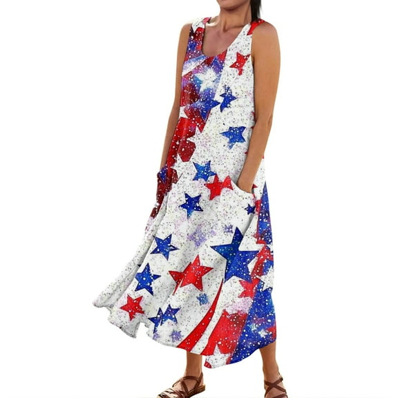 Women's Stylish Casual Dress Sleeveless Round Neck Sundress with Independence Day Print, Ruffled Hem and Pocket Design,Blue S