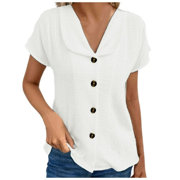Women's Stylish Casual Lapel Short Sleeve Button Down Cardigan Loose Fit Comfortable T-Shirt Top