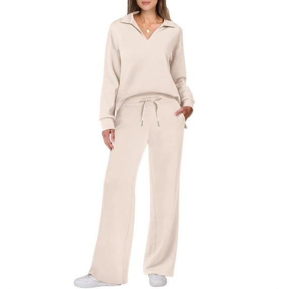 Women's Stylish Casual Long Sleeve Solid Color Sportswear Set - Drawstring Jogger Pants & Comfort Fit Tracksuit for Yoga, Gym, and Everyday Wear (Apricot)