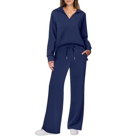 Women's Stylish Casual Long Sleeve Solid Color Sportswear Set - Drawstring Jogger Pants & Comfort Fit Tracksuit for Yoga, Gym, and Everyday Wear ( Dark Blue )