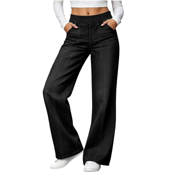 Women's Stylish Casual Solid Color Straight Leg Denim Pants with Multi-Pockets and Elastic Waist
