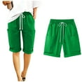 thumbnail image 1 of Women's Stylish Cotton Linen Knee Length Shorts Drawstring Solid Color With Pockets Green L, 1 of 9