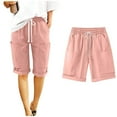 thumbnail image 1 of Women's Stylish Cotton Linen Knee Length Shorts Drawstring Solid Color With Pockets Pink XXL, 1 of 9