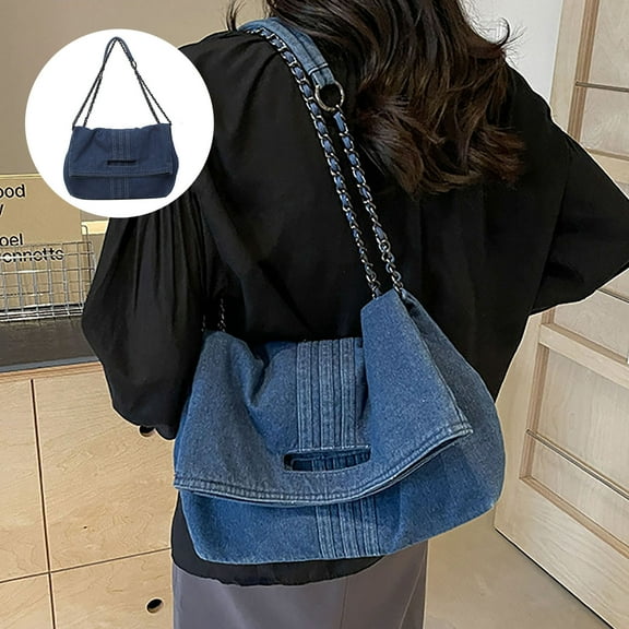 Women's Stylish Denim Crossbody Bag with Chain Strap Distressed Design Roomy Interior Adjustable Strap Ideal for Daily Wear and Night Out