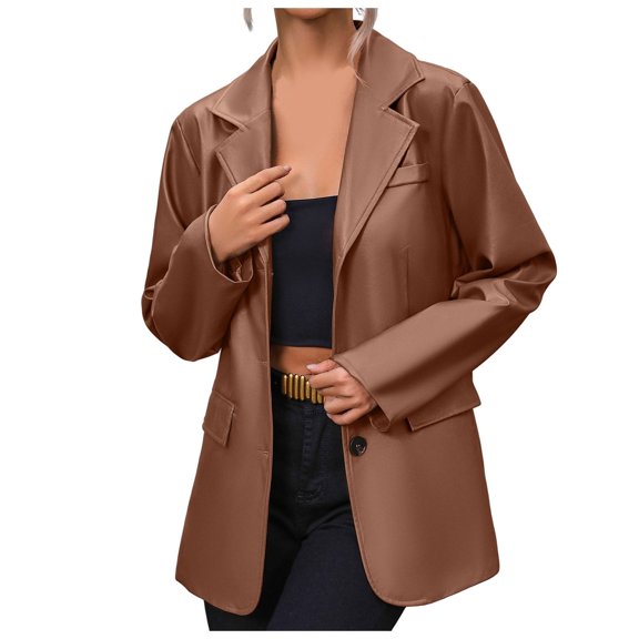 Women's Stylish Double PU Leather Jacket Coat Elegant Suit Outerwear