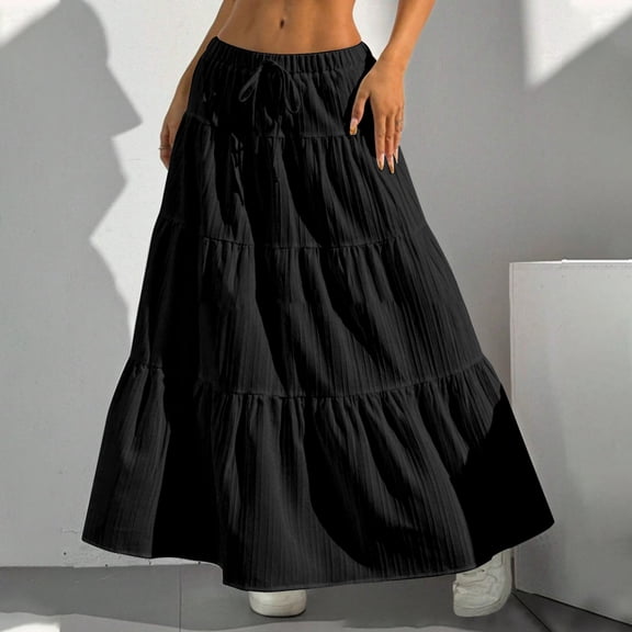 Women's Stylish Elastic Waist A Line Skirt with Tie Belt Flowy Loose Fit Casual Comfortable Summer Fashion