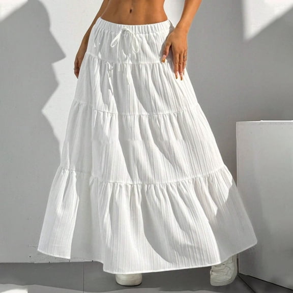 Women's Stylish Elastic Waist A Line Skirt with Tie Belt Flowy Loose Fit Casual Comfortable Summer Fashion