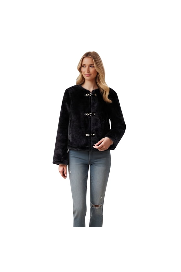 Women's Stylish Clasp Front Jacket, Long Sleeve Round Neck Short Outerwear with Welt Pockets